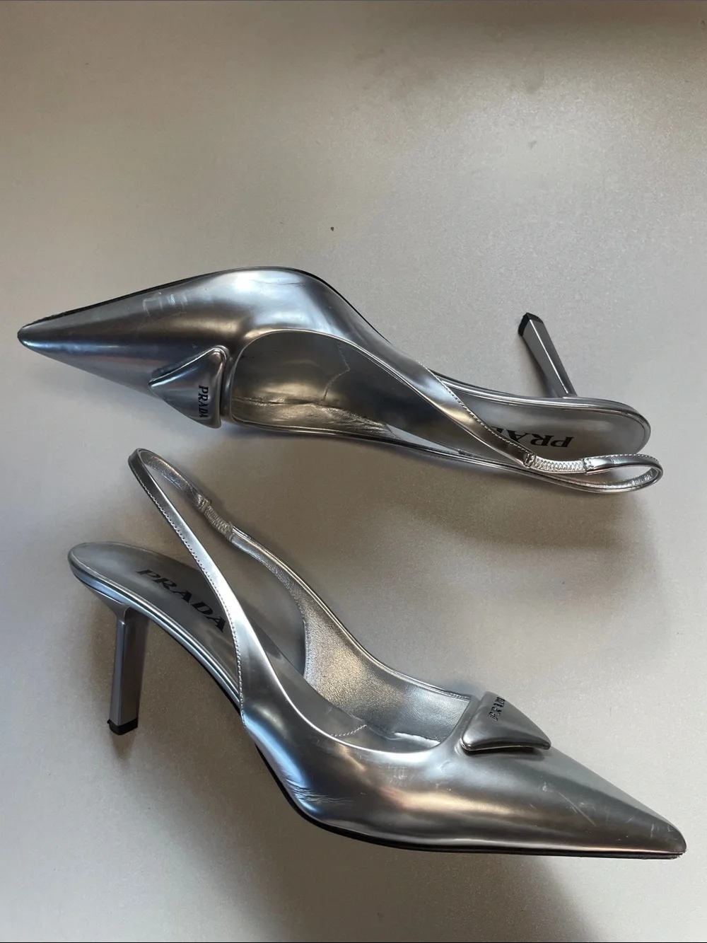 PRADA Women's Metallic Leather Slingback Pumps Size US 9.5 In Argento - Picture 2 of 10
